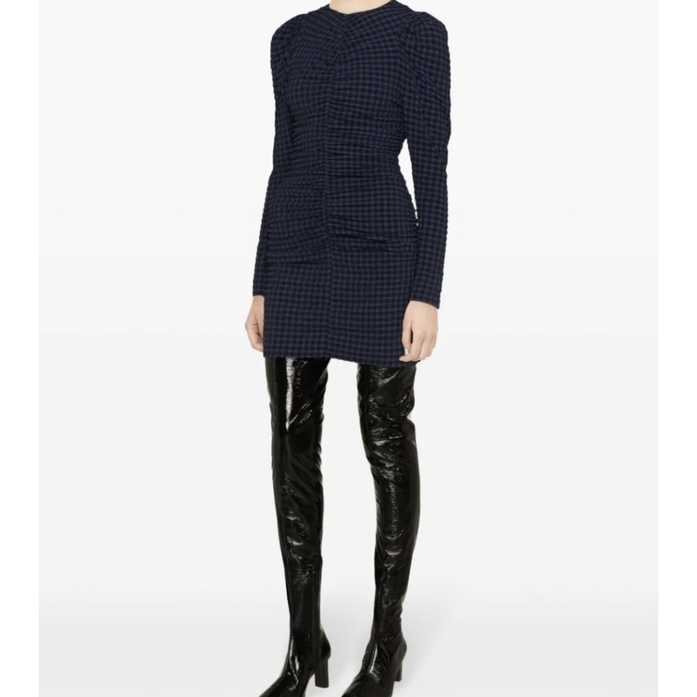 Ganni Navy Ruched Checkered Seersucker Blue Mini Dress Size 36
